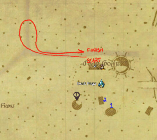 A map of Dock Poga showing where the four stalls and food stand are around the aetheryte. The map also shows the parade route.